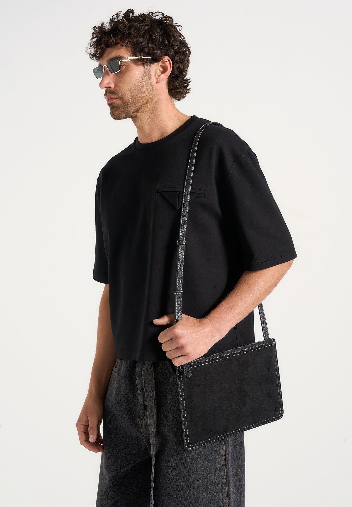 Elio - Suede Contrast Stitch Crossbody Bag - Black