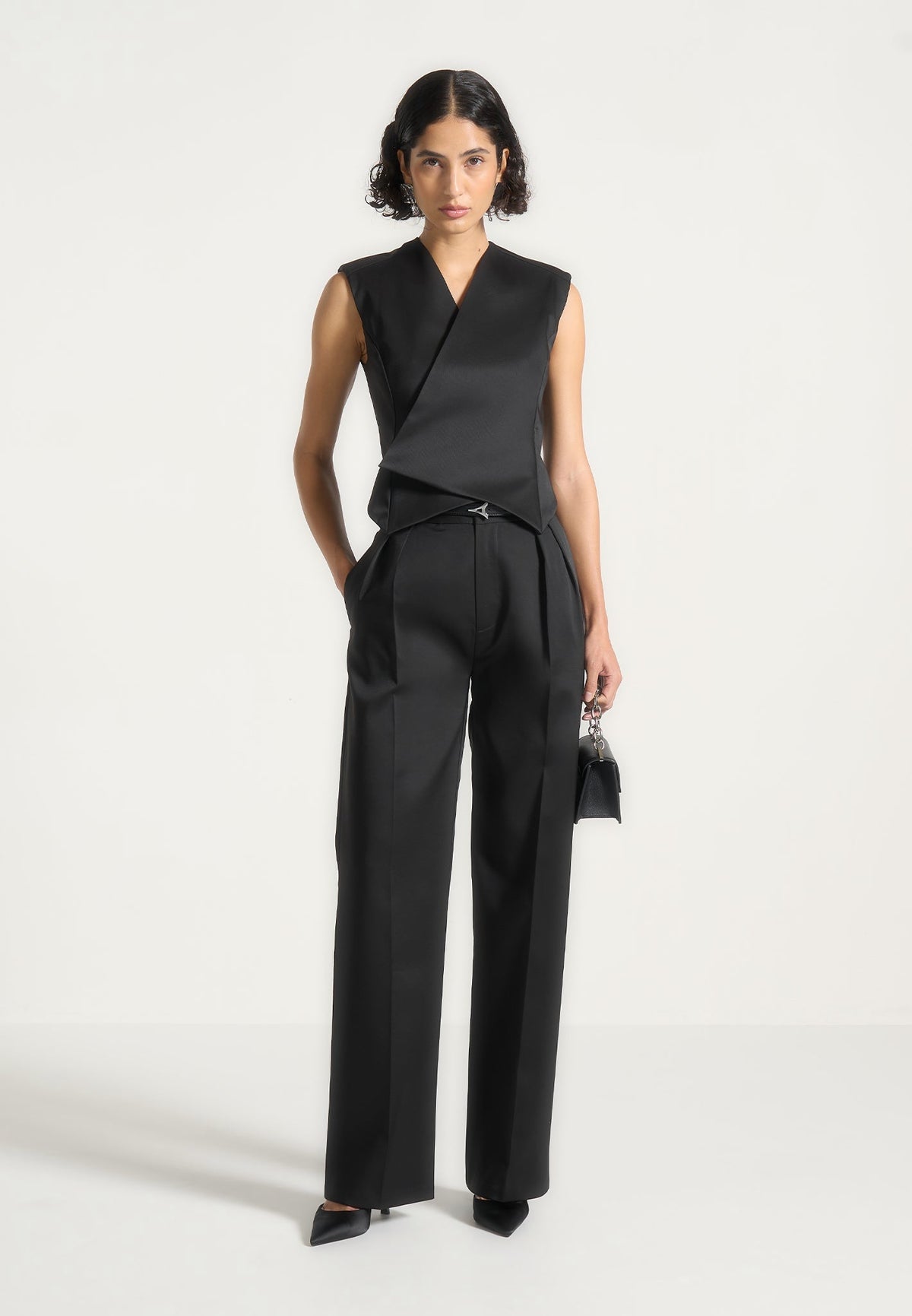 Julie - Sateen Tailored Twin Pleat Pants - Black