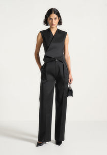 Julie - Sateen Tailored Twin Pleat Pants - Black