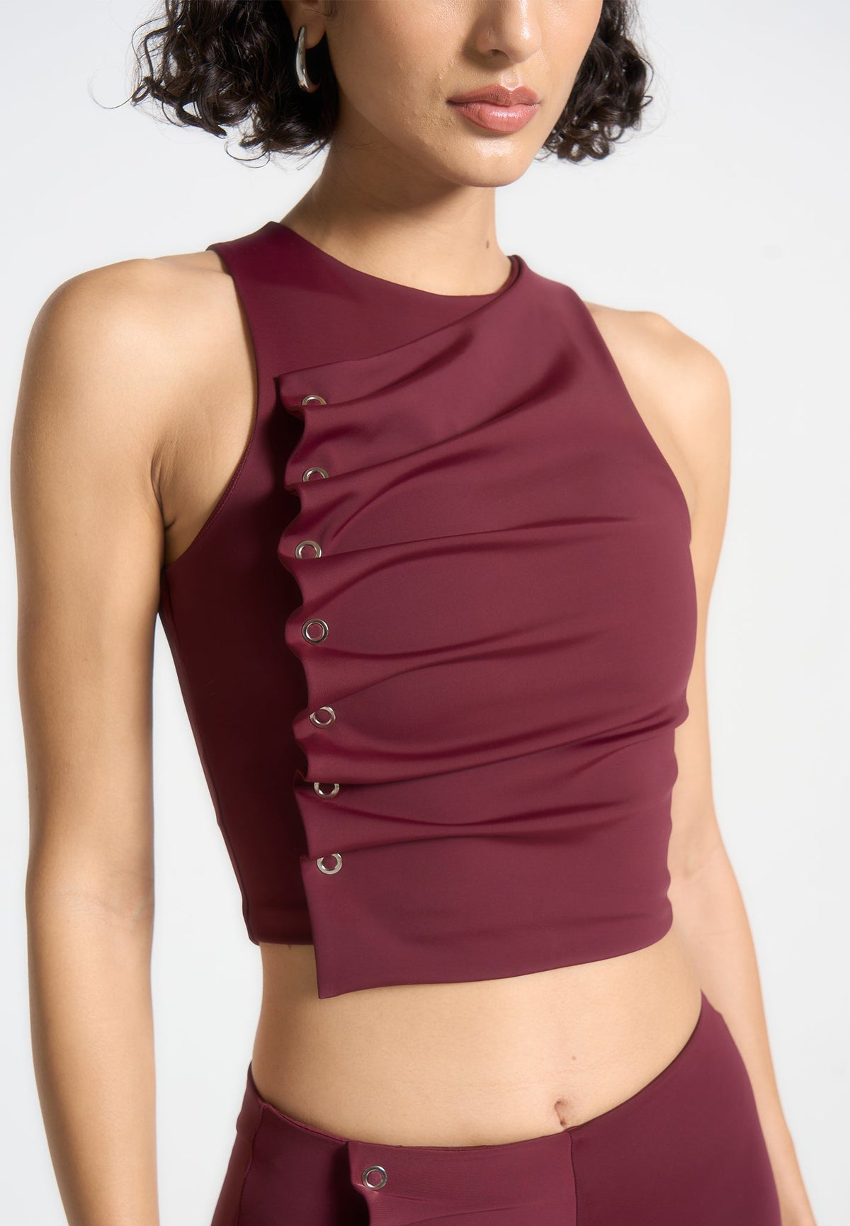 Eyelet Detail Tacked Racer Top - Wine Red