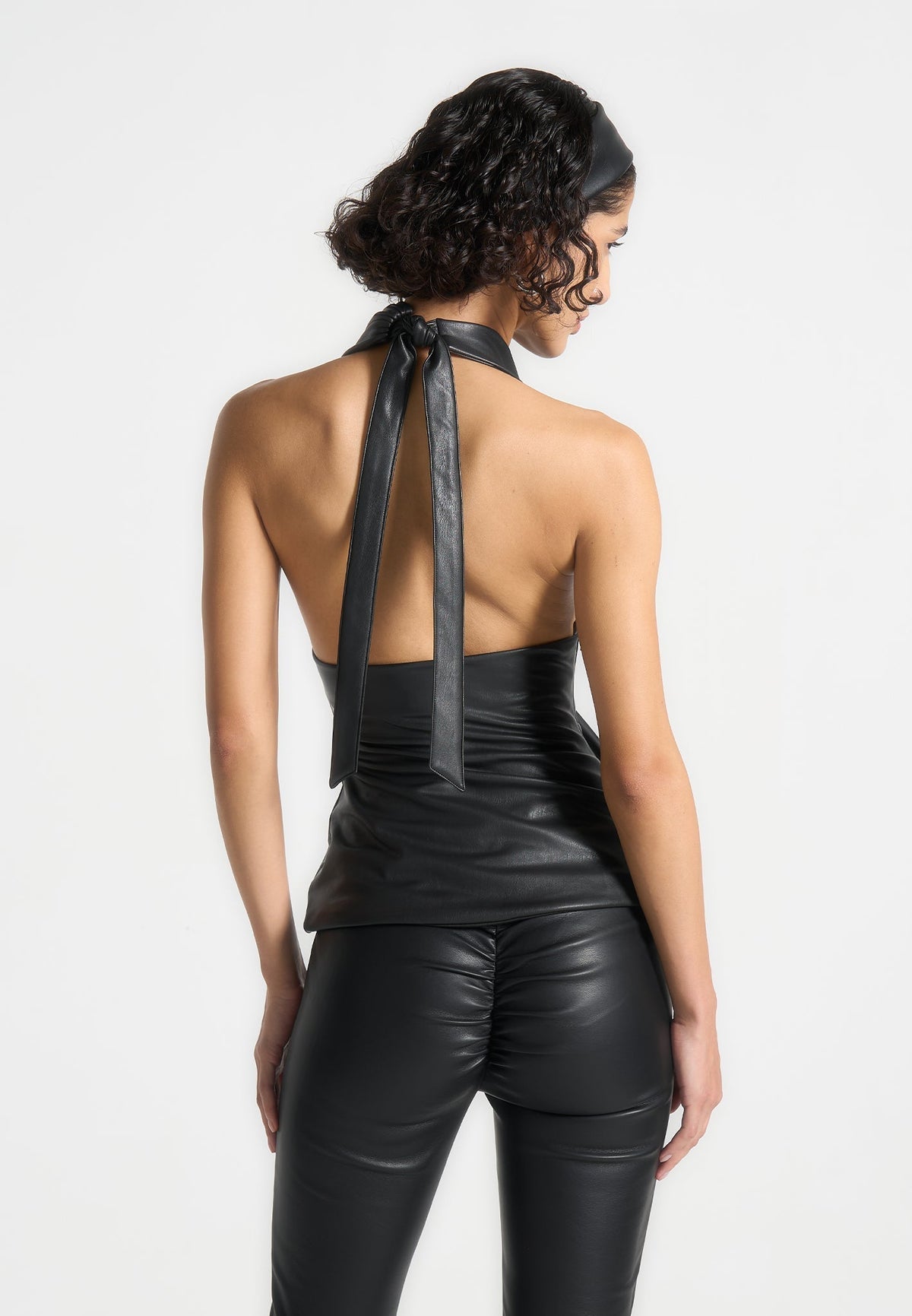 Leather Draped Halter Top - Black