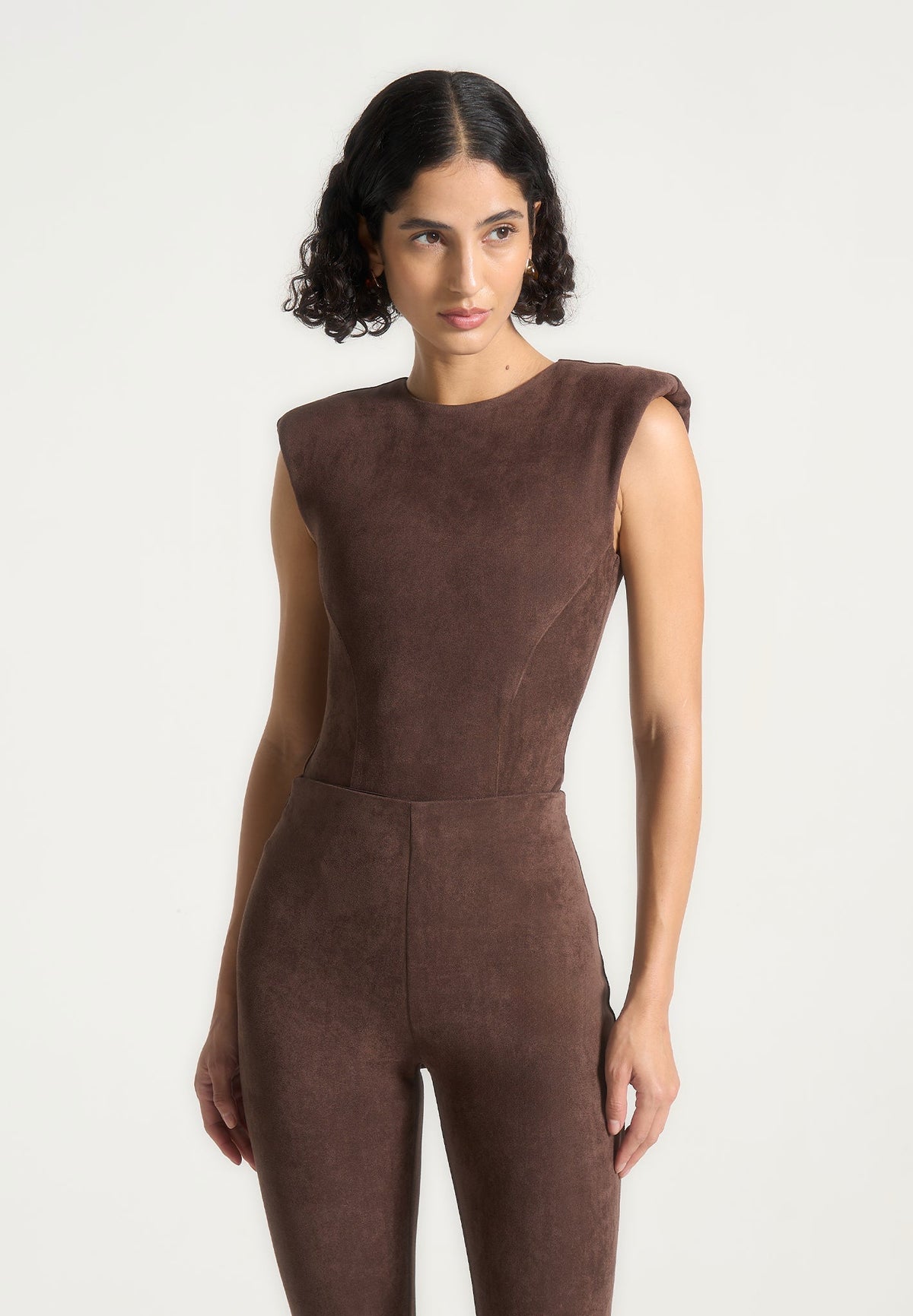 Marina - Wide Shoulder Suede Bodysuit - Brown