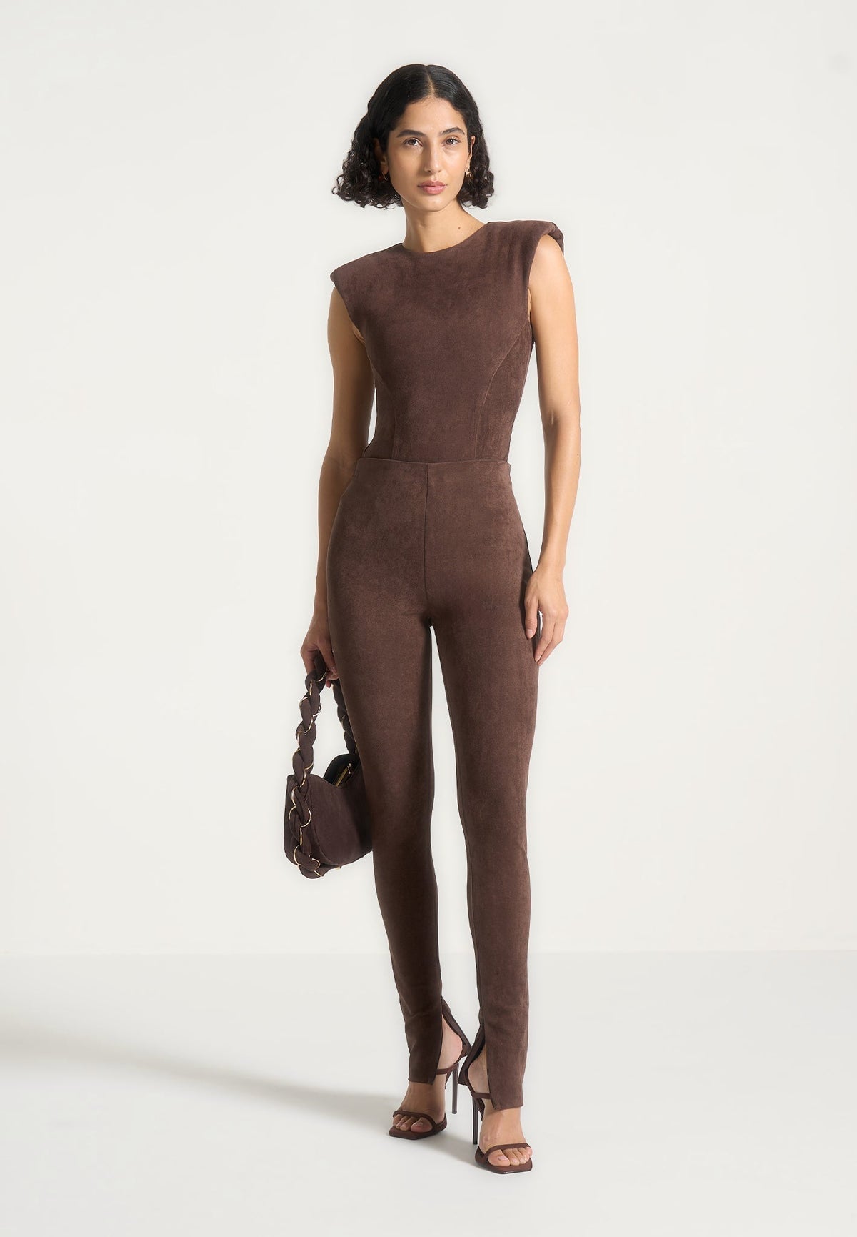 Marina - Wide Shoulder Suede Bodysuit - Brown