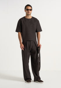 Leon - Boxy Cropped Hatched T-Shirt - Dark Brown