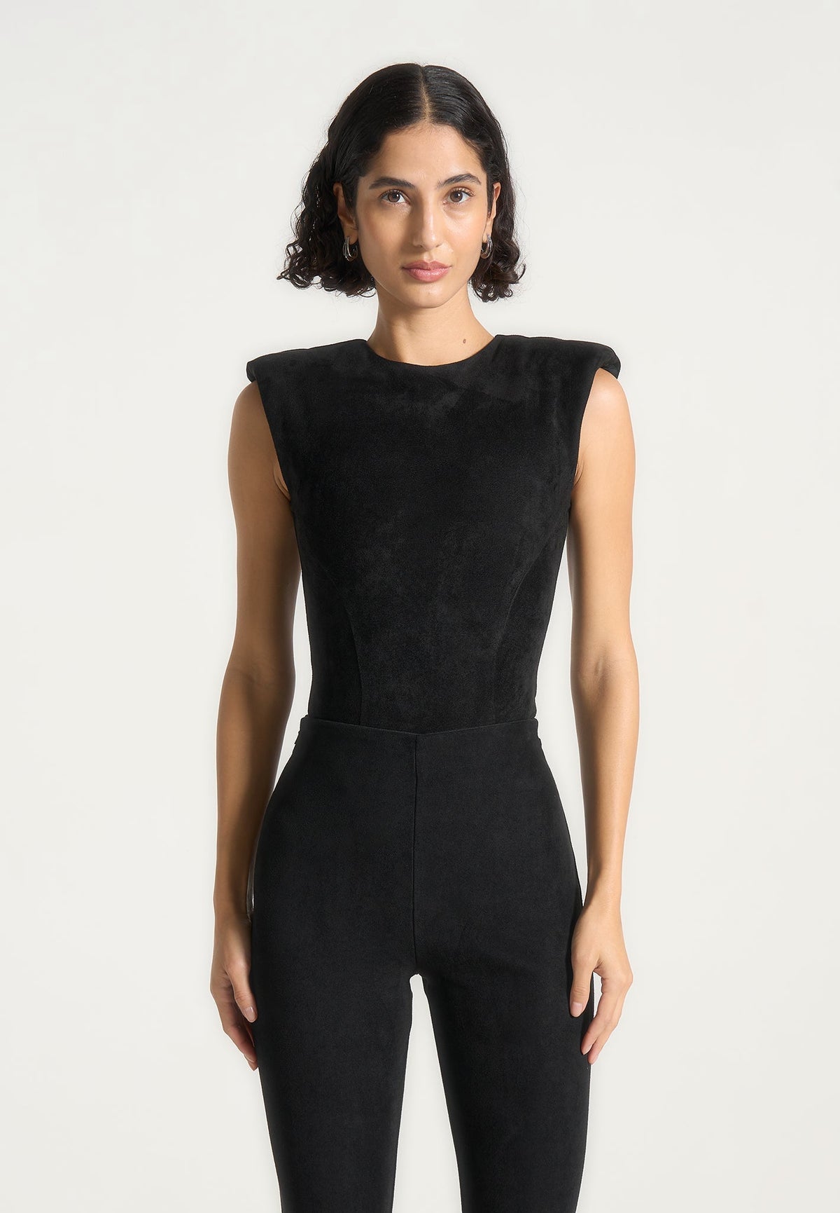 Marina - Wide Shoulder Suede Bodysuit - Black
