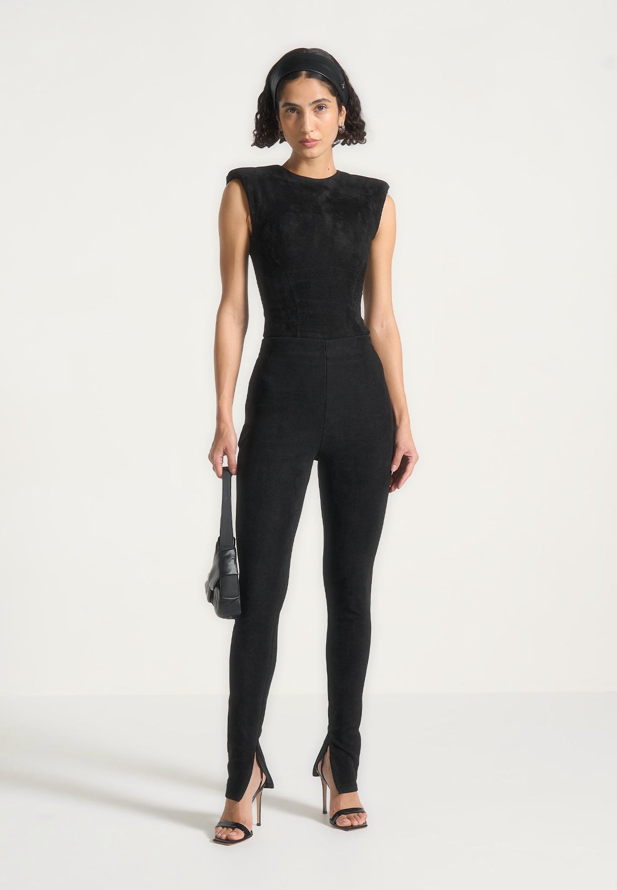 Marina - Wide Shoulder Suede Bodysuit - Black
