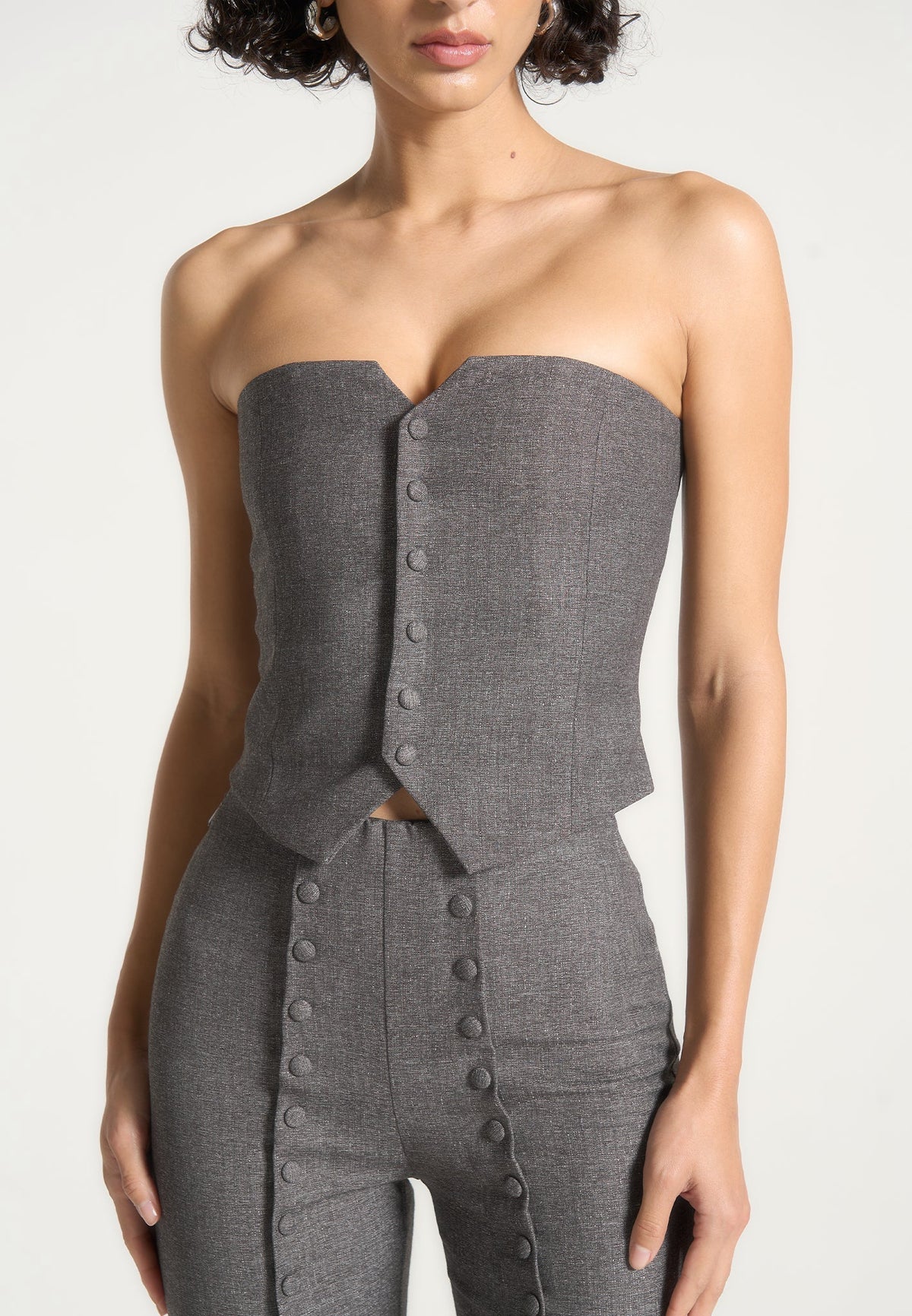 Margaux - Cropped Tailored Blazer & Button Detail Bandeau - Dark Grey