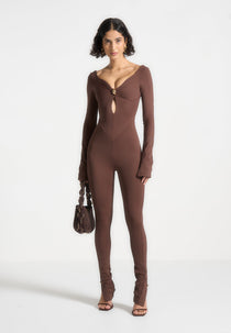 Twisted Bust Off Shoulder Jumpsuit - Brown