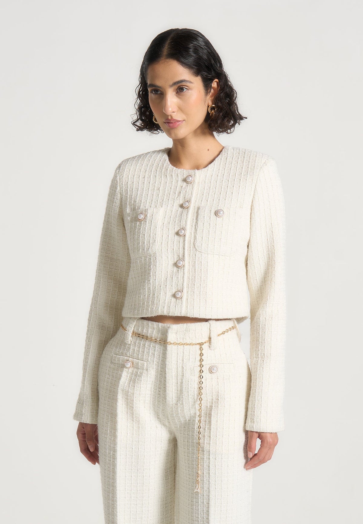 Celine - Cropped Tweed Jacket with Pearls - Cream