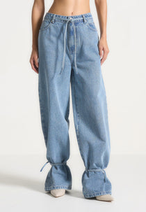 Faye - Wide Mid Rise Jeans with Tie Waist - Mid Blue