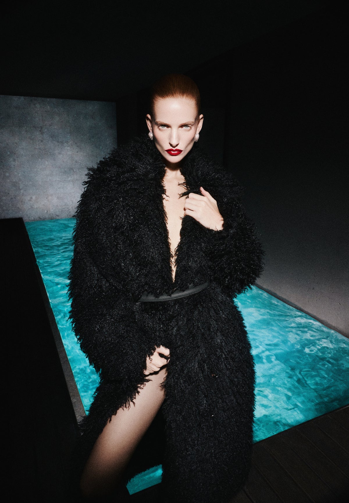 Bria - Oversized Mongolian Fur Coat With Belt - Black