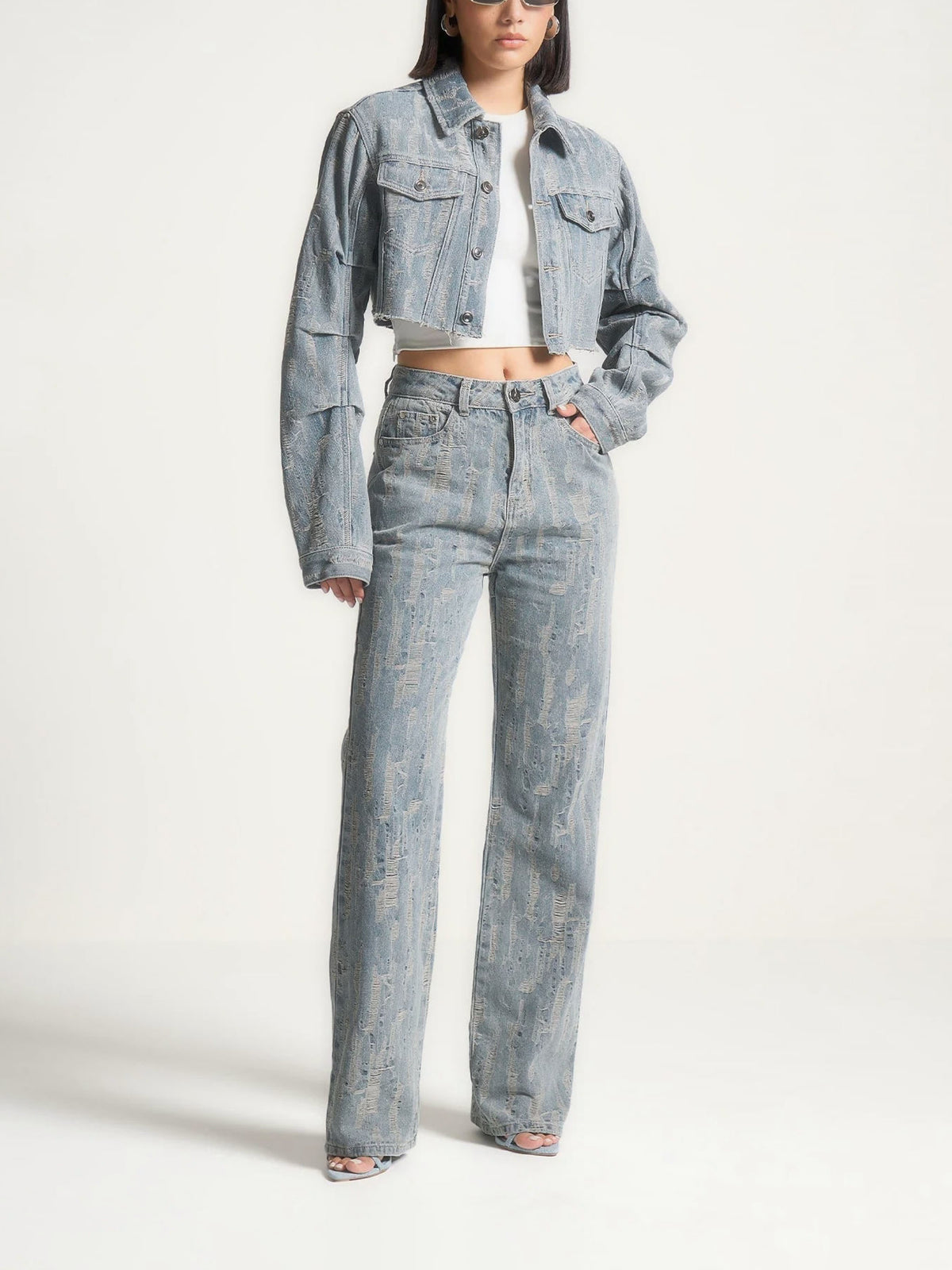 Alice - Cropped Distressed Denim Jacket - Mid Blue