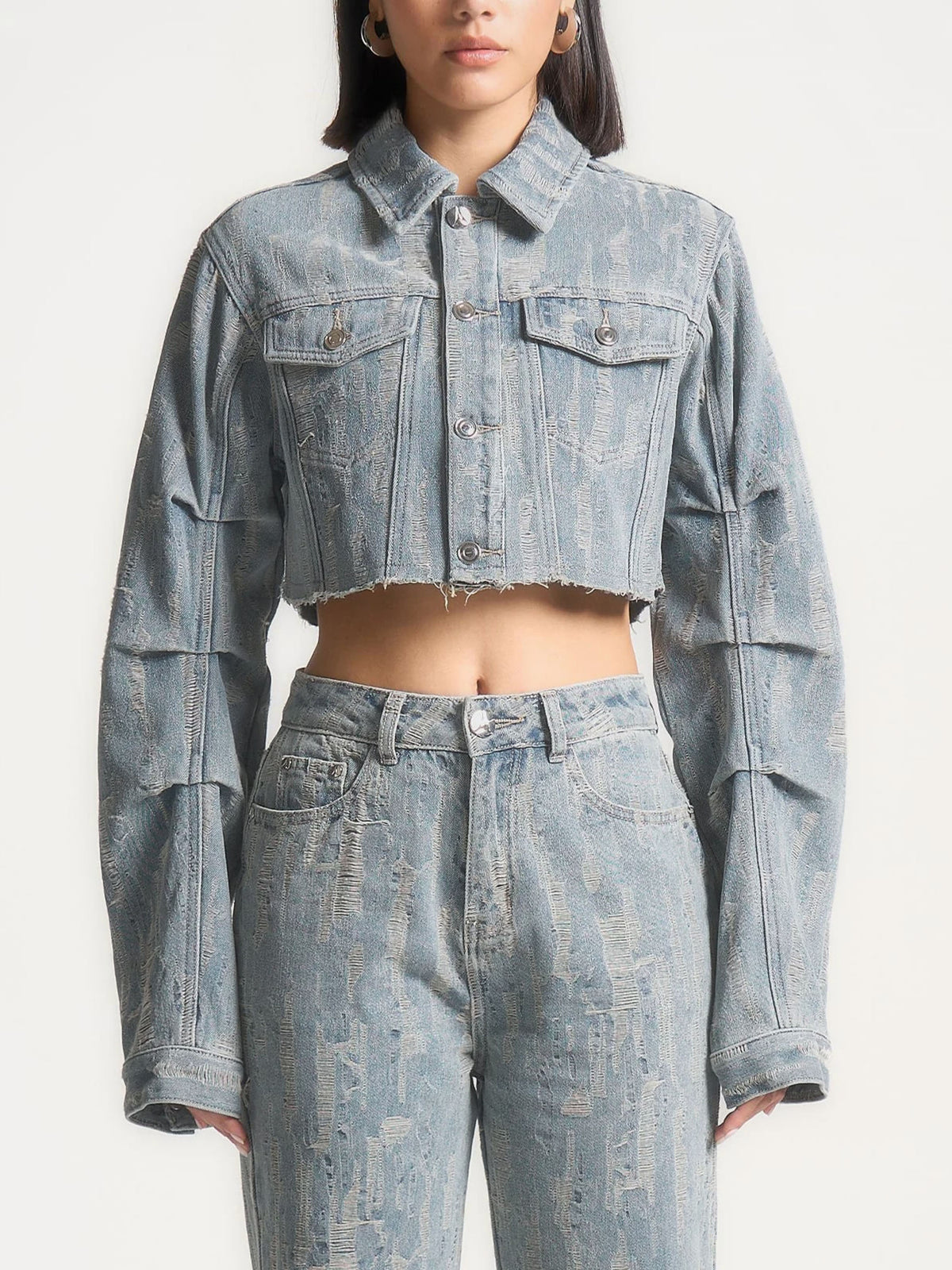 Alice - Cropped Distressed Denim Jacket - Mid Blue