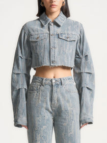 Alice - Cropped Distressed Denim Jacket - Mid Blue
