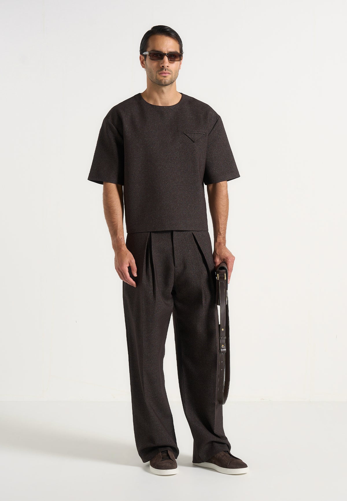 Lior - Box Pleat Hatched Wide Leg Pants - Dark Brown