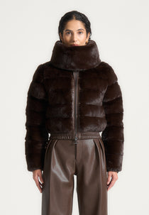 Ama - Plush Ribbed Jacket with Neck Scarf - Brown
