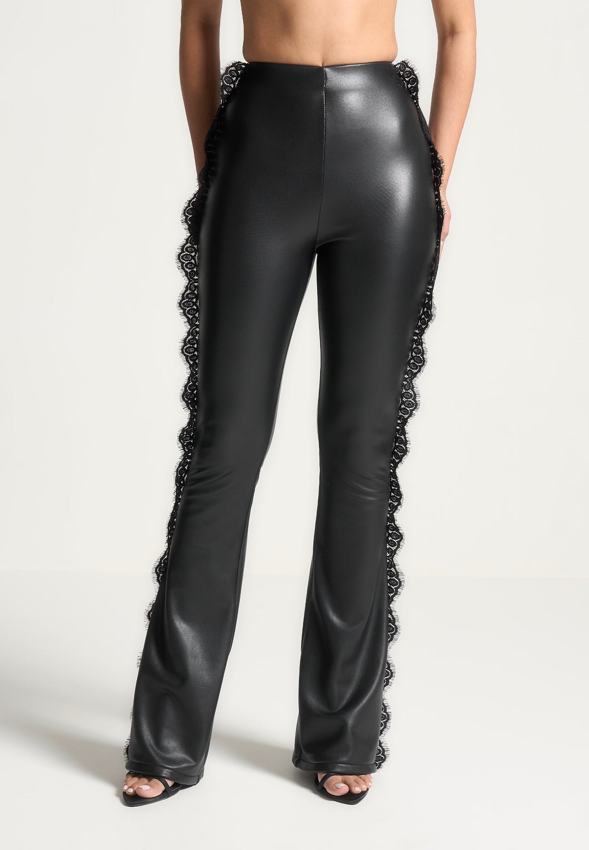 Severine - Lace Trim Leather Fit and Flare Leggings - Black