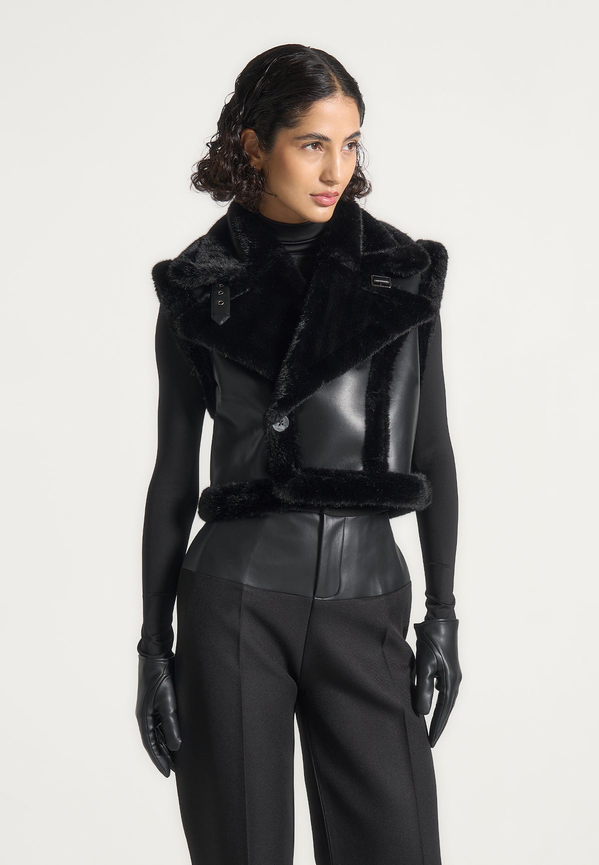 Kena - Leather & Plush 2-in-1 Gilet Jacket - Black