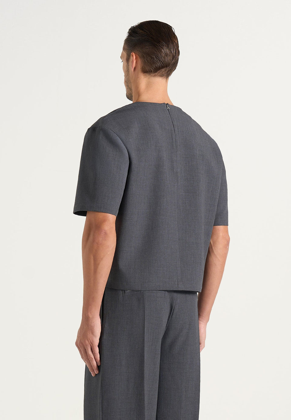 Leon - Boxy Cropped Hatched Wool-Blend T-Shirt - Grey
