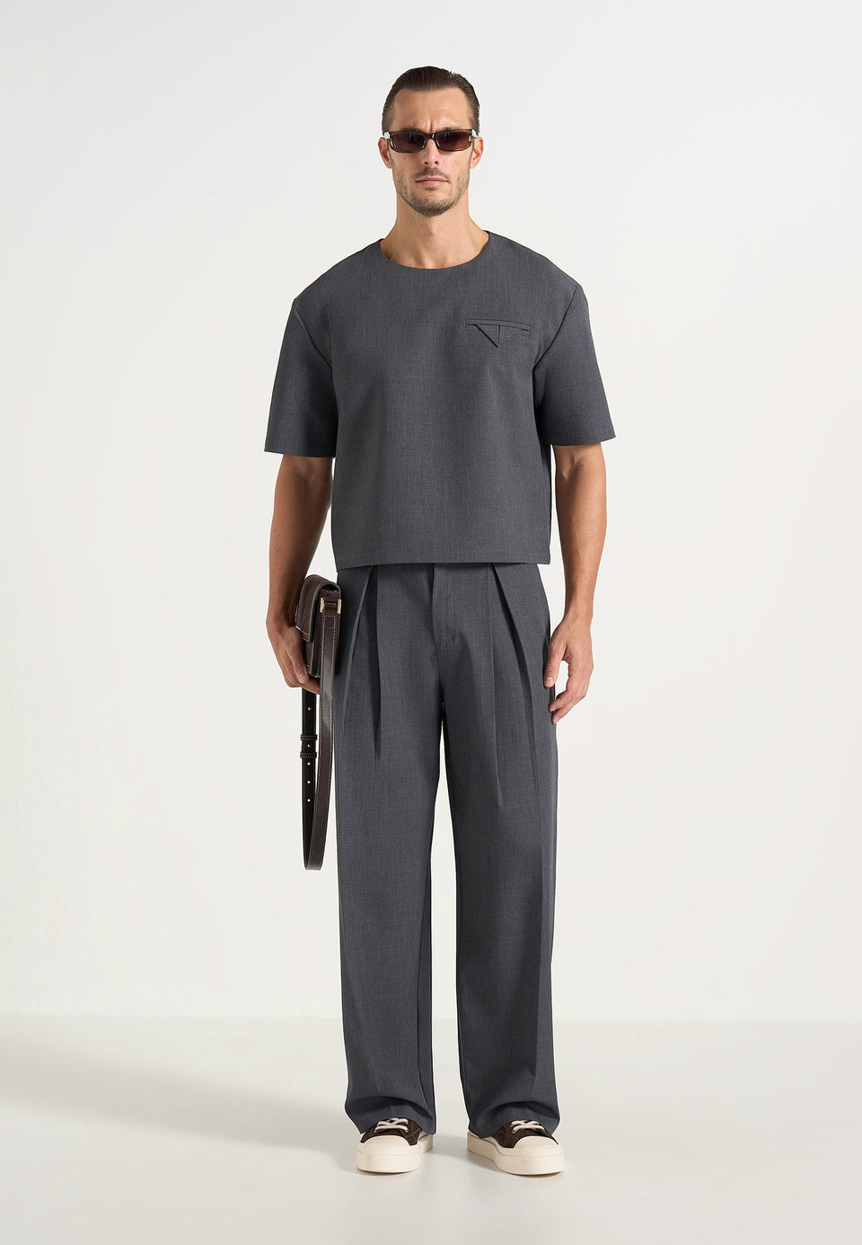 Leon - Boxy Cropped Hatched Wool-Blend T-Shirt - Grey
