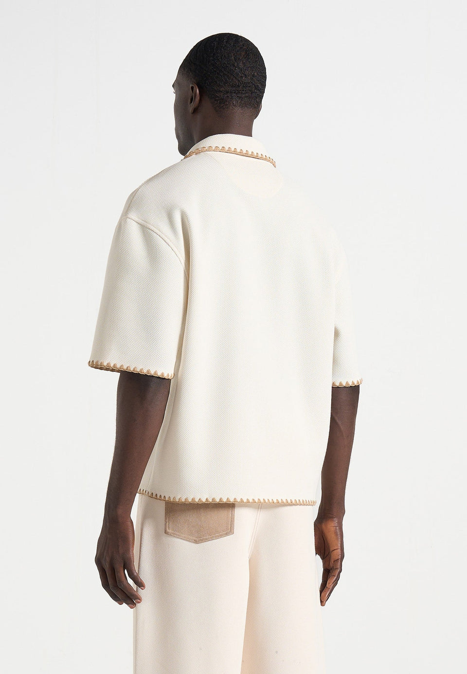 Lenny - Boxy Polo Shirt With Whipstitch Detail - Cream
