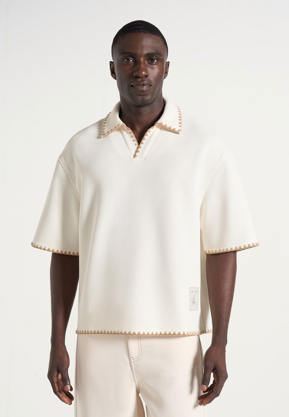 Lenny - Boxy Polo Shirt With Whipstitch Detail - Cream