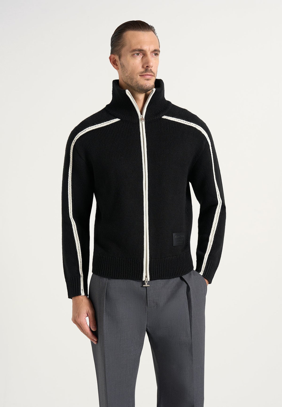 Malo - Contrast Piped Wool-Blend Zip-Through Cardigan - Black