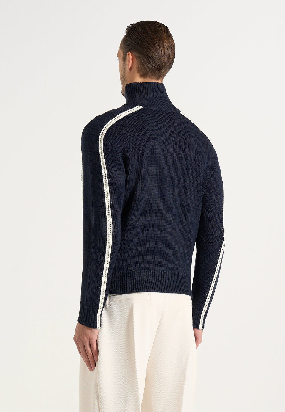 Malo - Contrast Piped Wool-Blend Zip-Through Cardigan - Navy