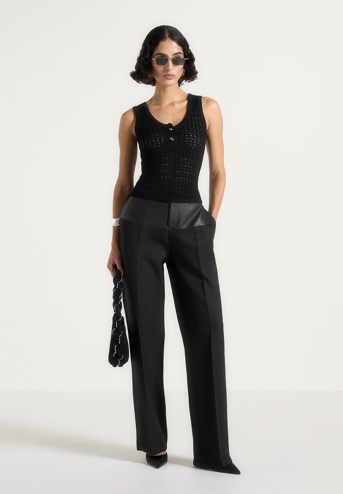 Nora - Pointelle Knitted Vest with Knot Button - Black