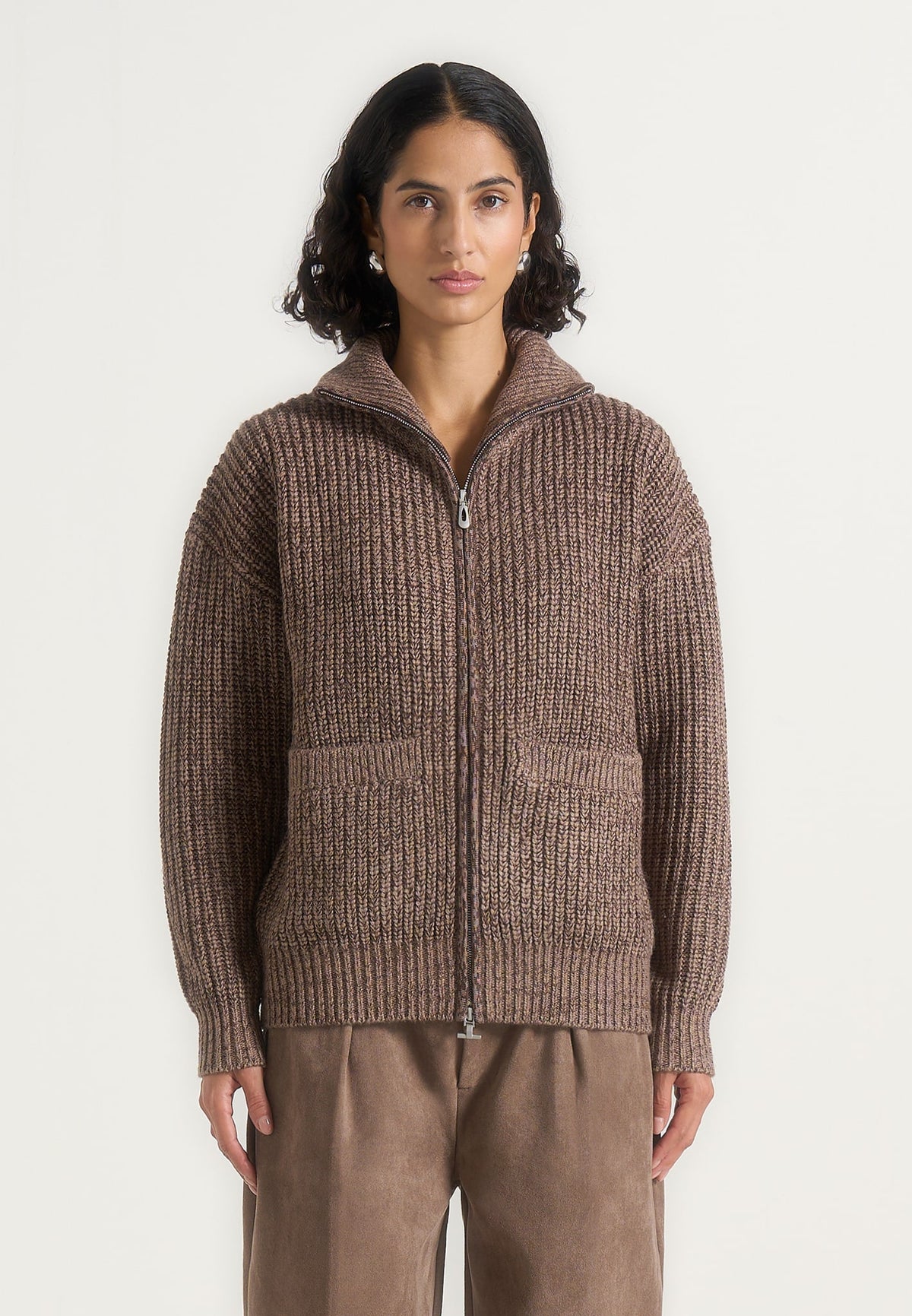 Jamie - Unisex Speckled Wool-Blend Zip Through Jacket - Taupe