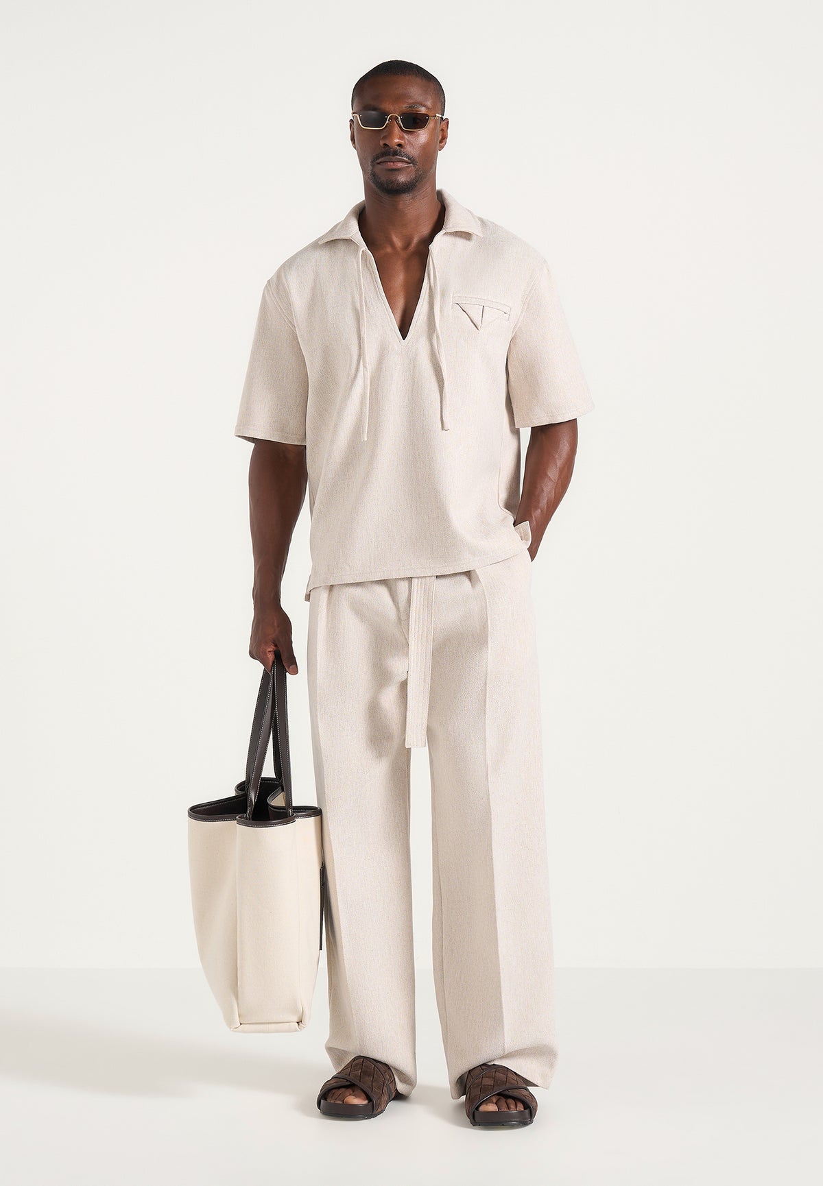Loic - Wide Leg Textured Dress Pants With Belt - Cream