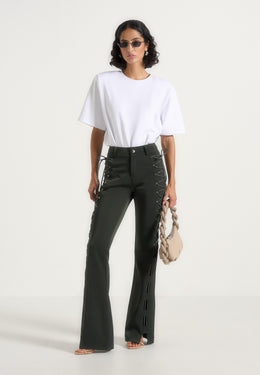 Ambre - Drill Lace Up Flared Pants - Olive