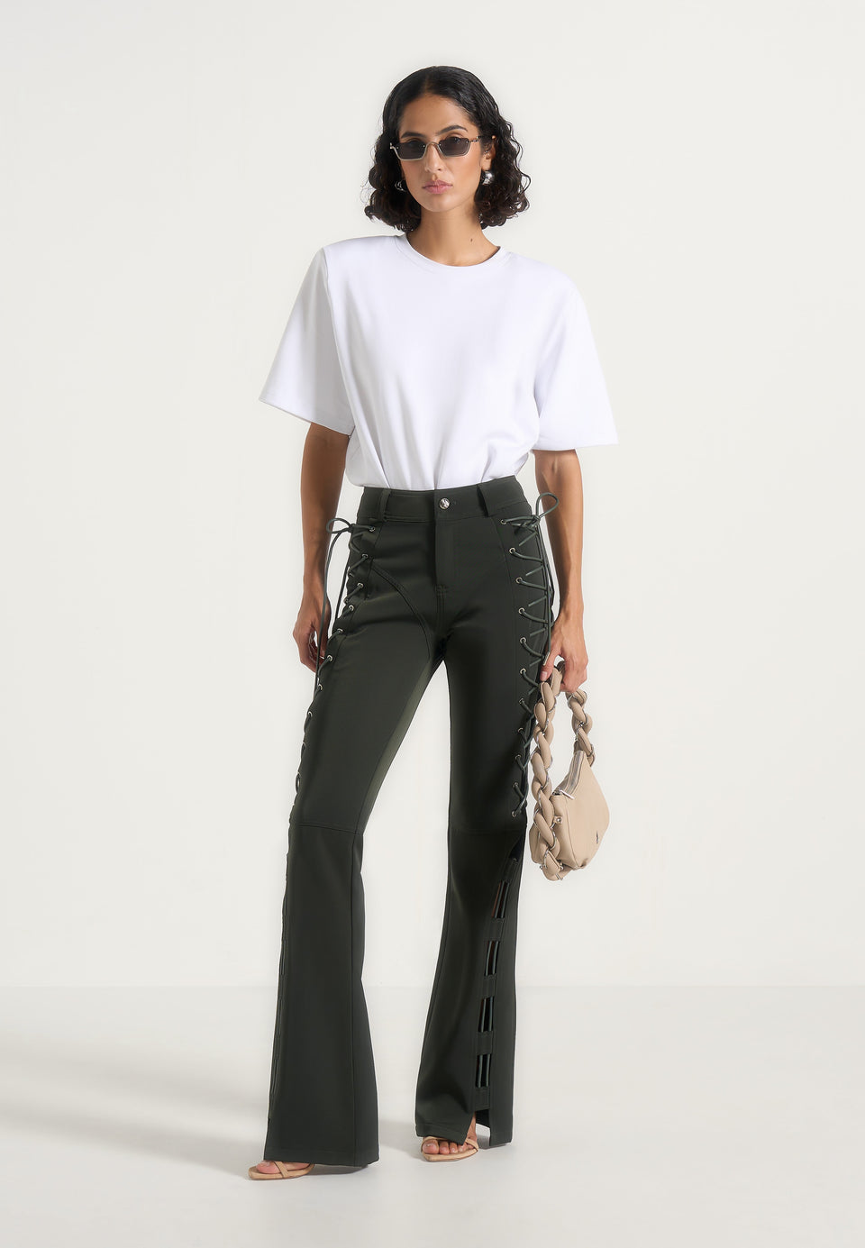 Ambre - Drill Lace Up Flared Pants - Olive