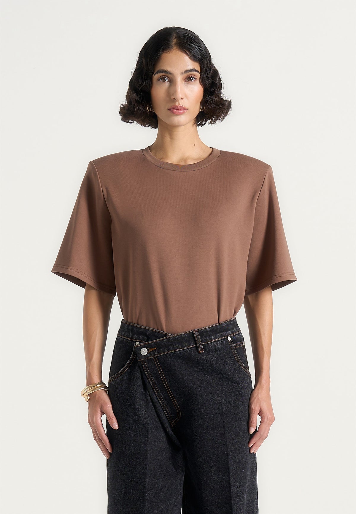BS002 - Wide Shoulder Bodysuit T-Shirt - Brown