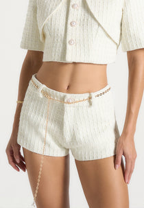 Elina - Tweed Mini Shorts With Belt - Cream
