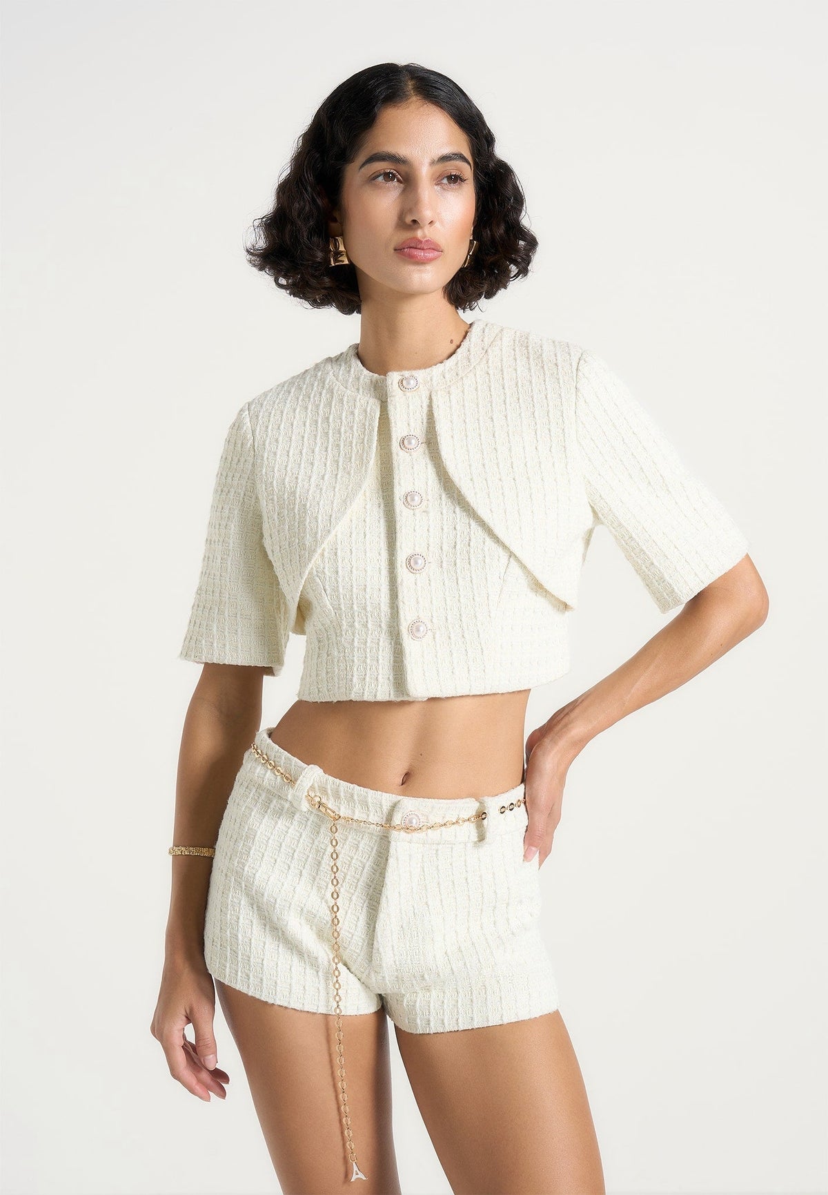 Alba - Tweed Mock Neck Curve Detailing Top - Cream