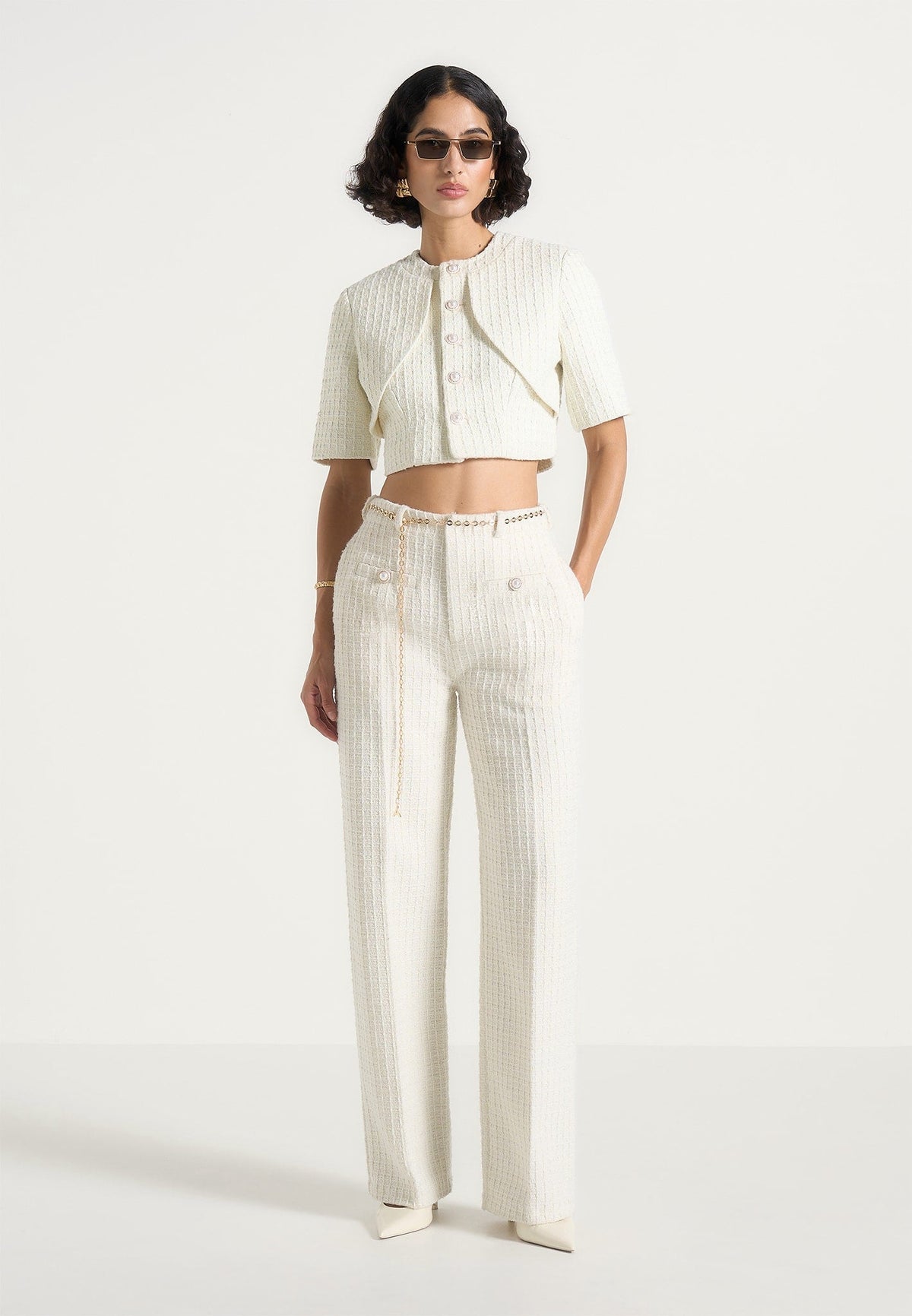 Alba - Tweed Mock Neck Curve Detailing Top - Cream