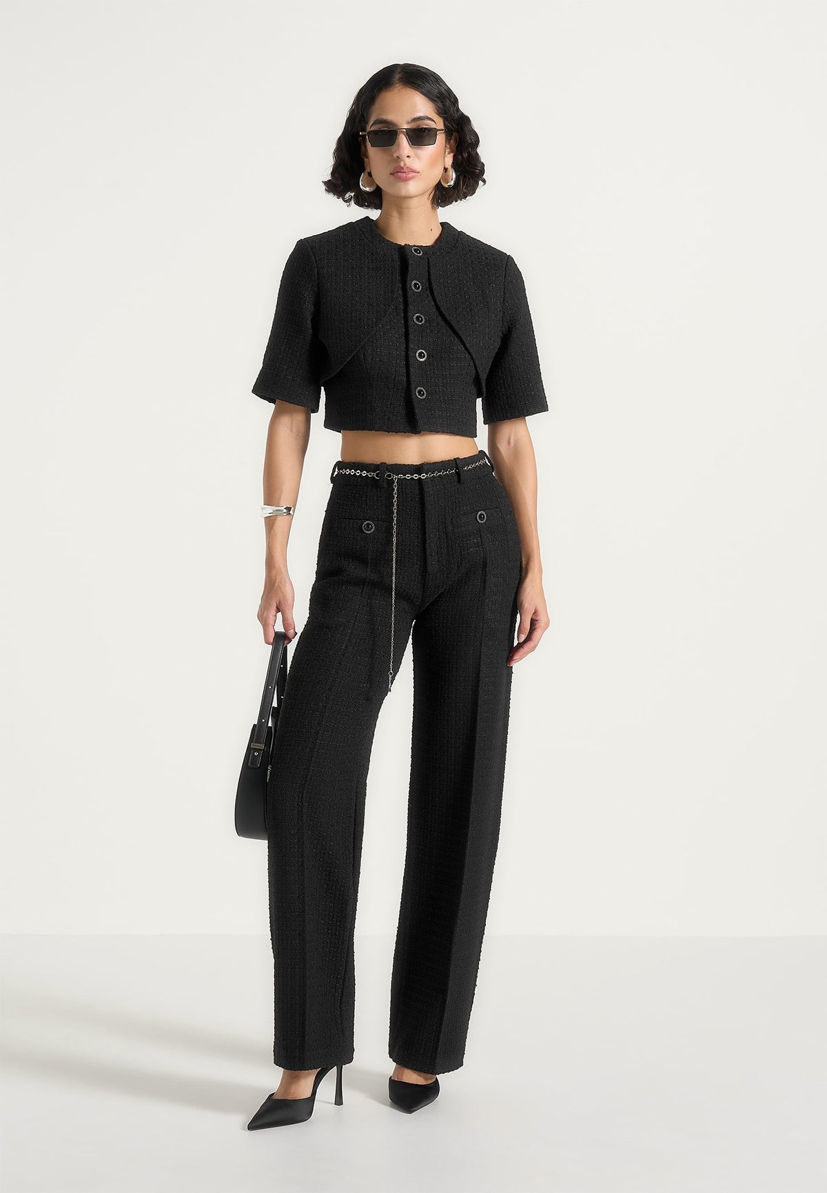 Alba - Tweed Mock Neck Curve Detailing Top - Black