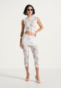 Aimee - Lace Asymmetric Capri Leggings - White