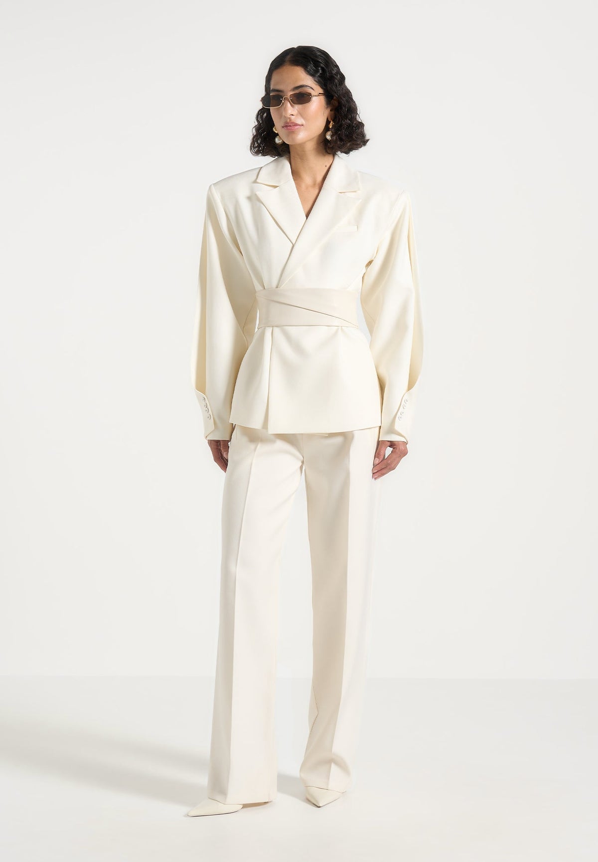 Marie - Twist Sleeve Tailored Blazer with Belt - Off White