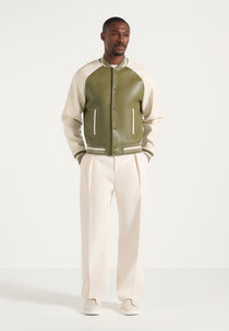 Guy - Contrast Leather Bomber Jacket - Olive/Cream
