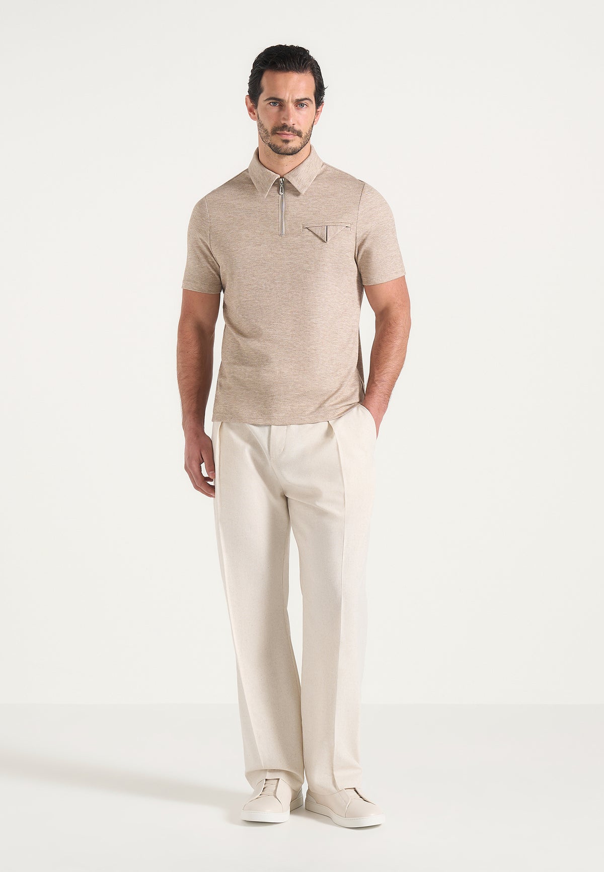 Cassian - Marl Zip Polo Shirt - Beige Marl