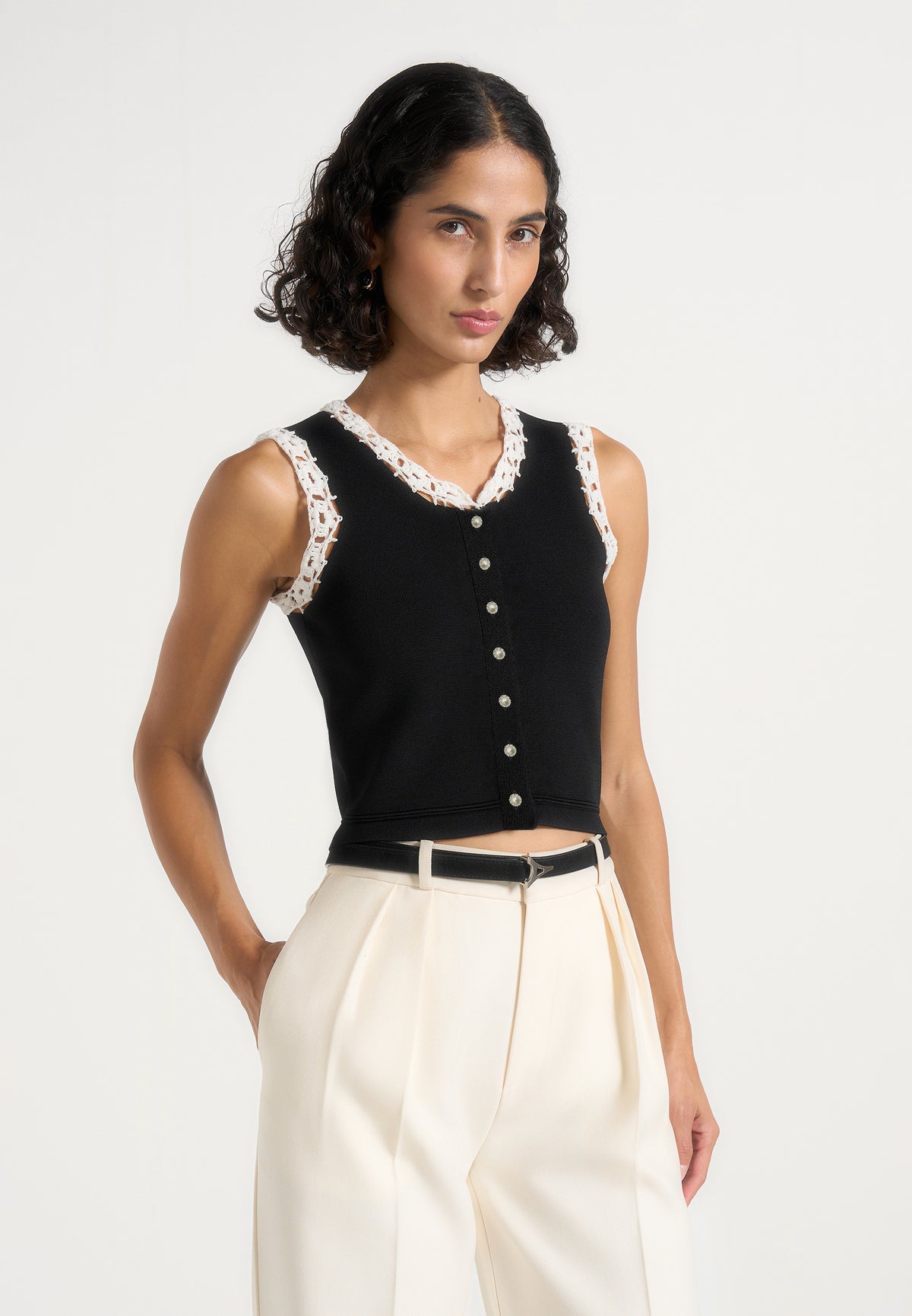 Evelyn - Crochet Frill Crop Top - Black
