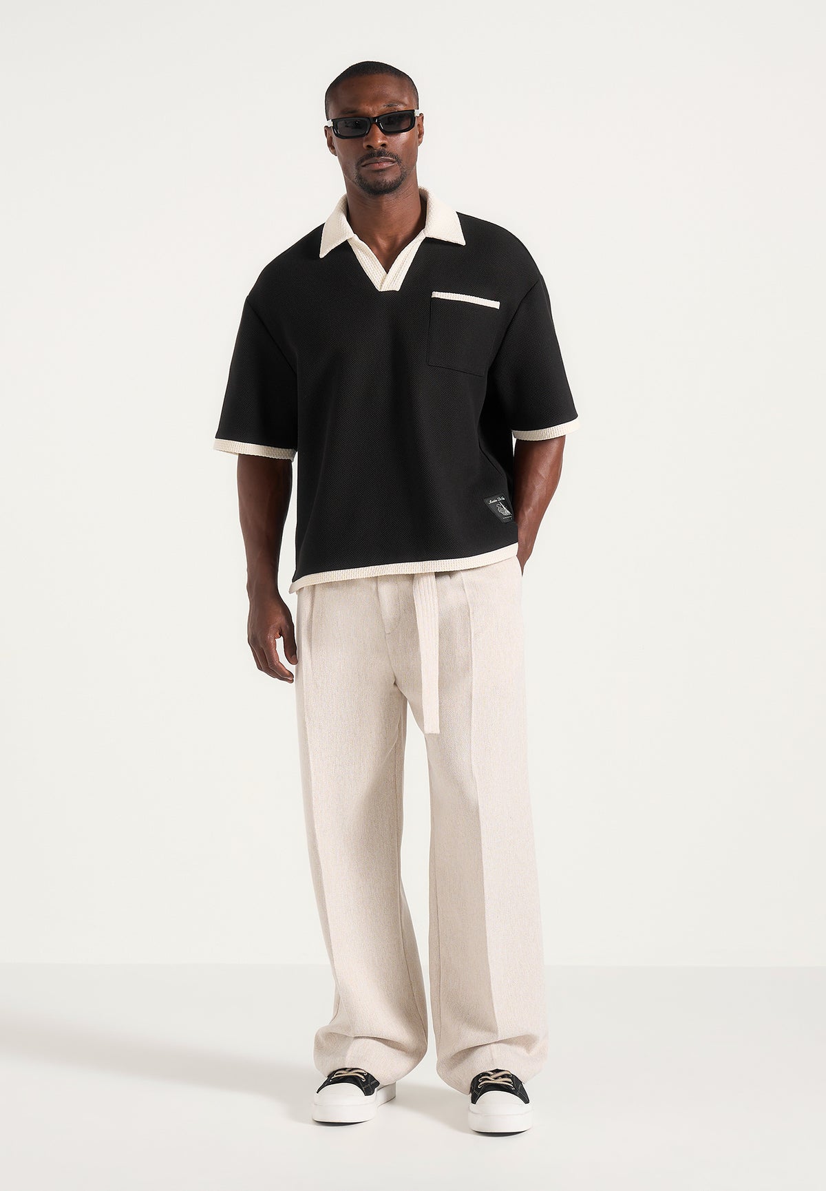 Brice - Boxy Crochet Detail Polo Shirt - Black