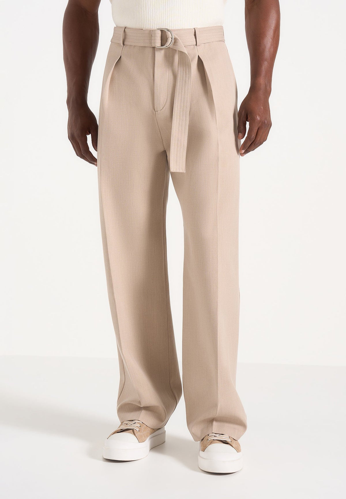 Loic - Wide Leg Dress Pants With Belt - Beige