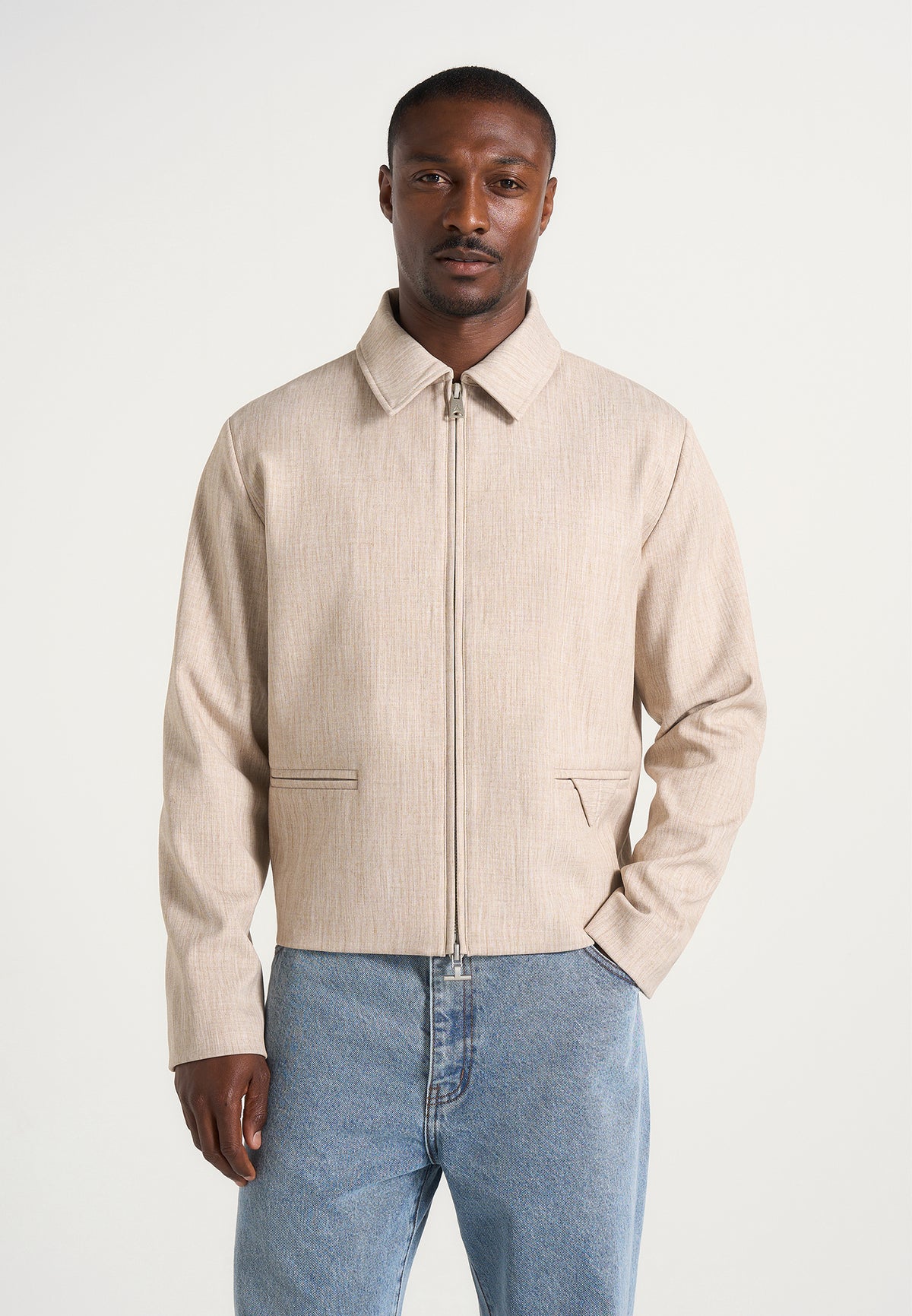 Amir - Boxy Hatched Harrington Jacket - Beige