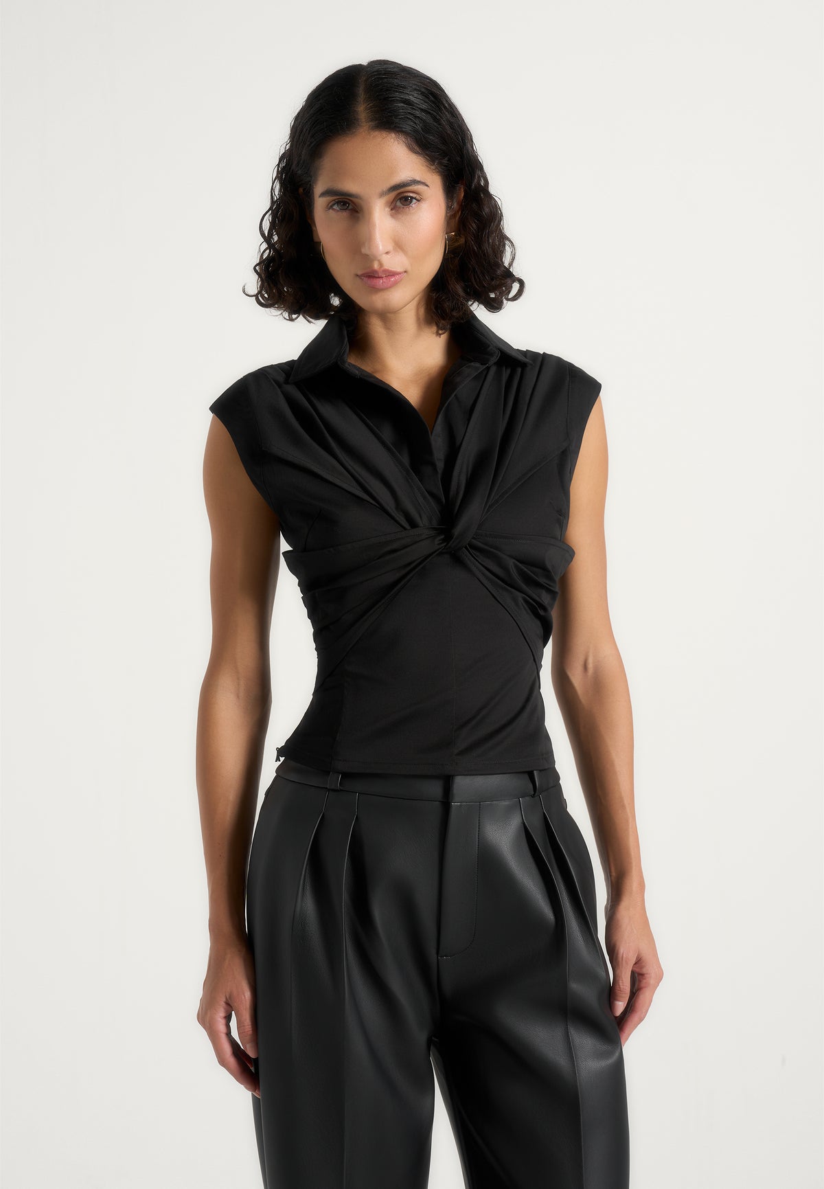 Yvette - Twist Front Sleeveless Shirt - Black