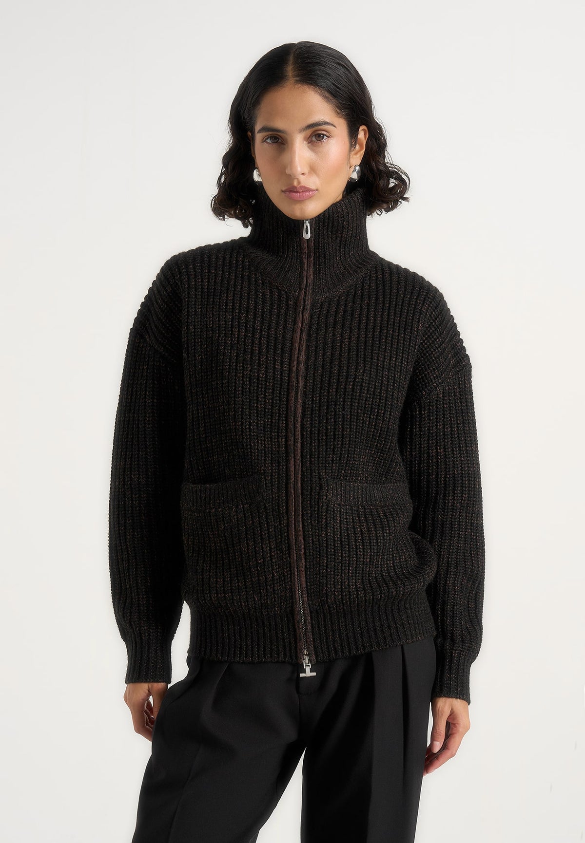 Jamie - Unisex Speckled Wool-Blend Zip Through Jacket - Black