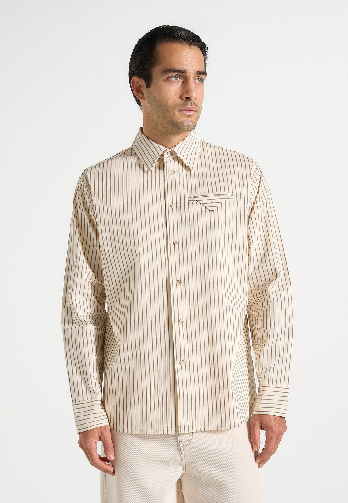 Ronnie - Unisex Pinstripe Long Sleeve Shirt - Beige