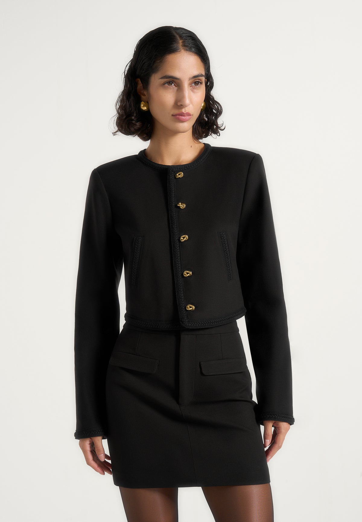 Madeline - Cropped Tailored Wool-Blend Jacket With Braided Trim - Black